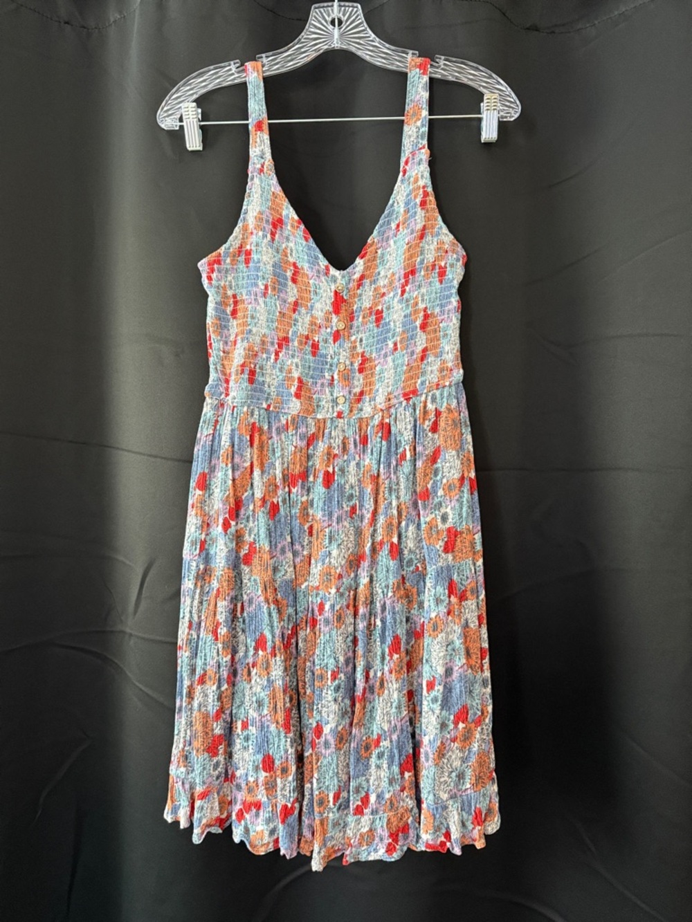 Smocked V-Neck Midi Dress in Red and Blue Floral